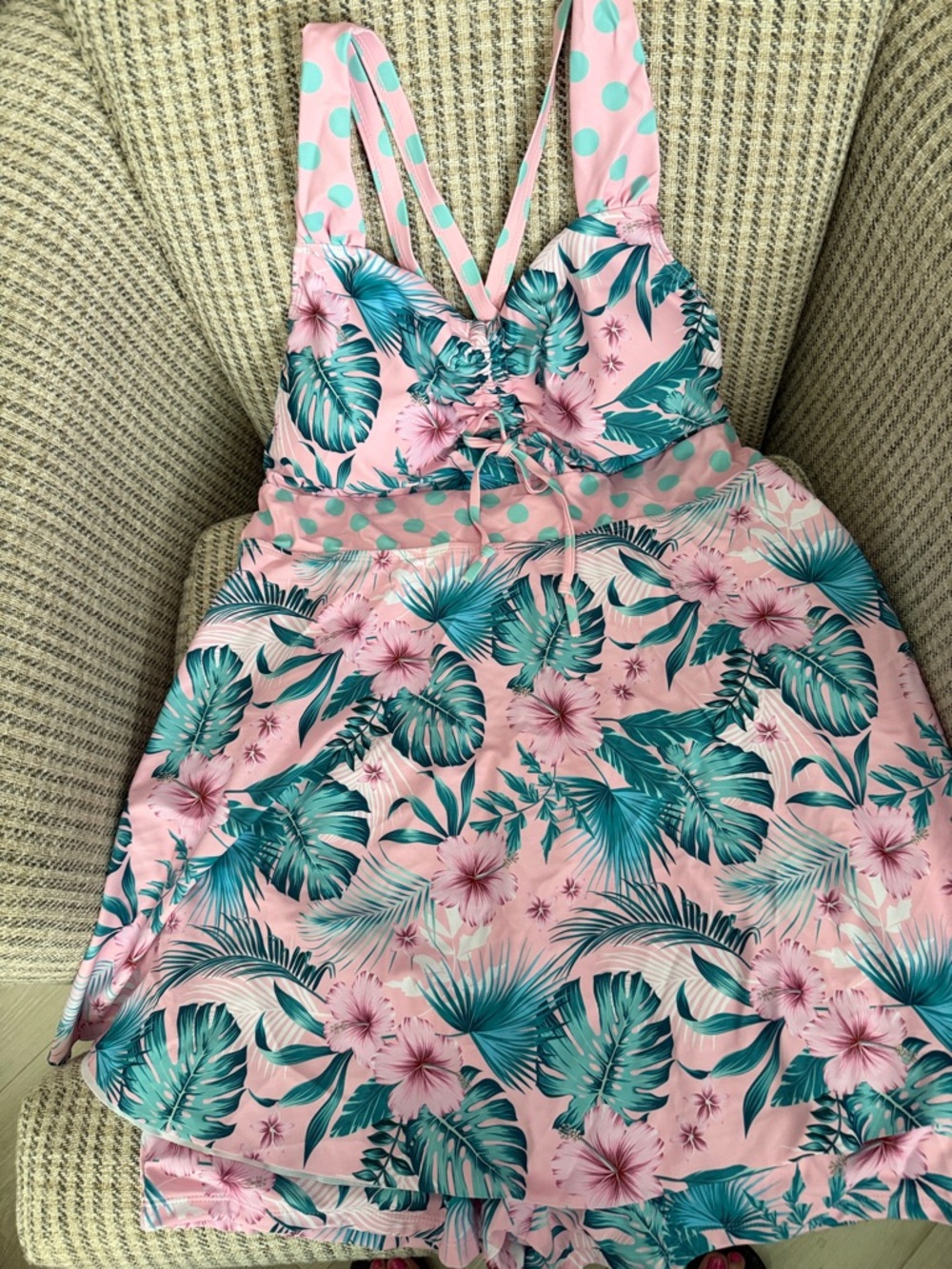 Pink Tropical Floral Sundress with Teal Leaves
